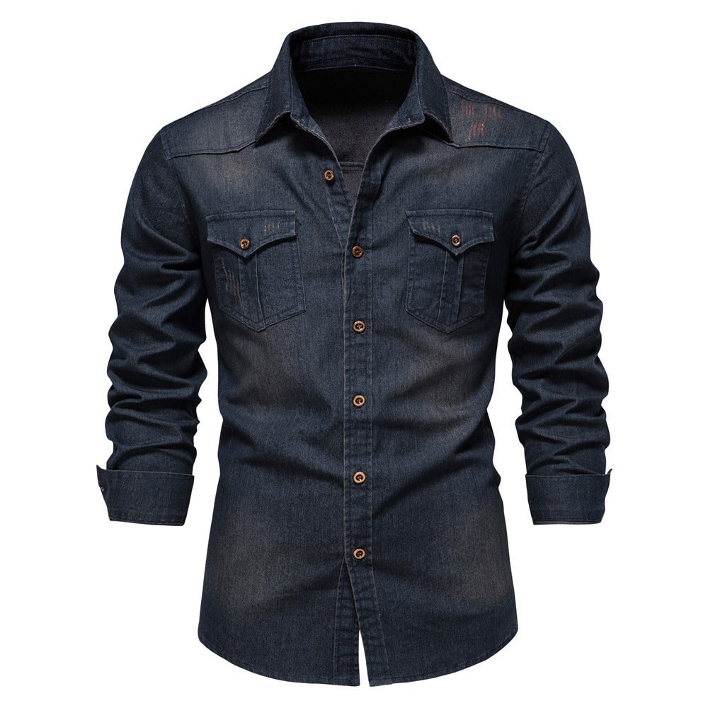 Men’s Casual Solid Long Sleeve Denim Shirt