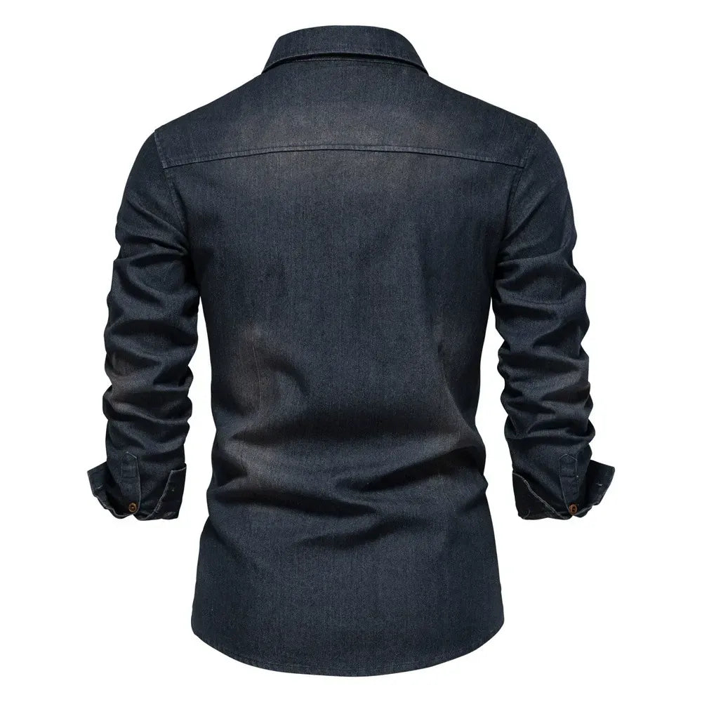 Men’s Casual Solid Long Sleeve Denim Shirt